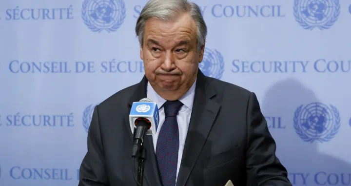 epa09777724 United Nations Secretary General Antonio Guterres reacts after briefing reporters on the situation on the Ukraine-Russia borders, at United Nations headquarters in New​ York, New York, USA, 22 February 2022. EPA/JASON SZENES/Jason Szenes