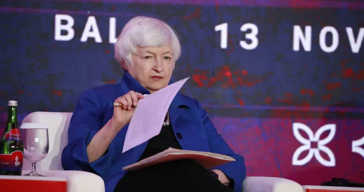epa10302885 US Treasury Secretary Janet Yellen looks at documents during the launch of a pandemic fund on the sidelines of the G20 Joint Finance and Health Ministers' Meeting in Bali, Indonesia, 13 November 2022. The 17th Group of Twenty (G20) Heads of State and Government Summit will be held in Bali from 15 to 16 November 2022. EPA/HOW HWEE YOUNG/How Hwee Young