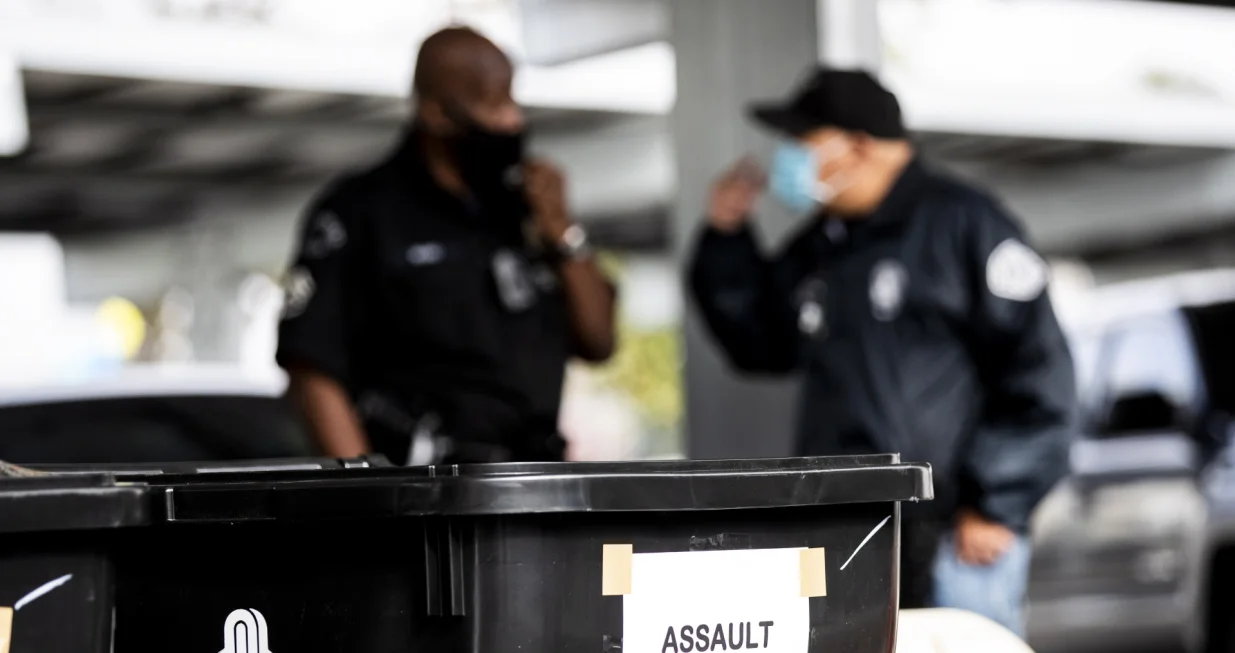 epa09086751 Los Angeles police officers talk next to a garbage container reading 'assault weapons' during an anonymous gun buyback operation organized by the Office of Gang Reduction and Youth Development with the support of LAPD in Los Angeles, California, USA, 20 March 2021. Shootings have already increased in Los Angeles in 2021 in comparison to the year before. In the first two months of this year, Los Angeles Police Department officers filled 570 reports of shots fired, up 88% from the 303 incidents during same time frame in 2020 and 267 people were hit by gunfire, a 141% increase from the 111 people wounded in the time frame in 2020. EPA/ETIENNE LAURENT/Etienne Laurent