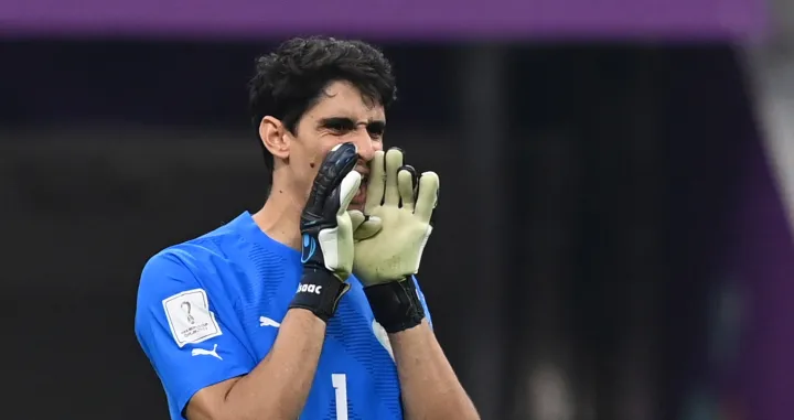 epa10365937 Goalkeeper Yassine Bounou of Morocco reacts during the FIFA World Cup 2022 semi final between France and Morocco at Al Bayt Stadium in Al Khor, Qatar, 14 December 2022. EPA/Georgi Licovski