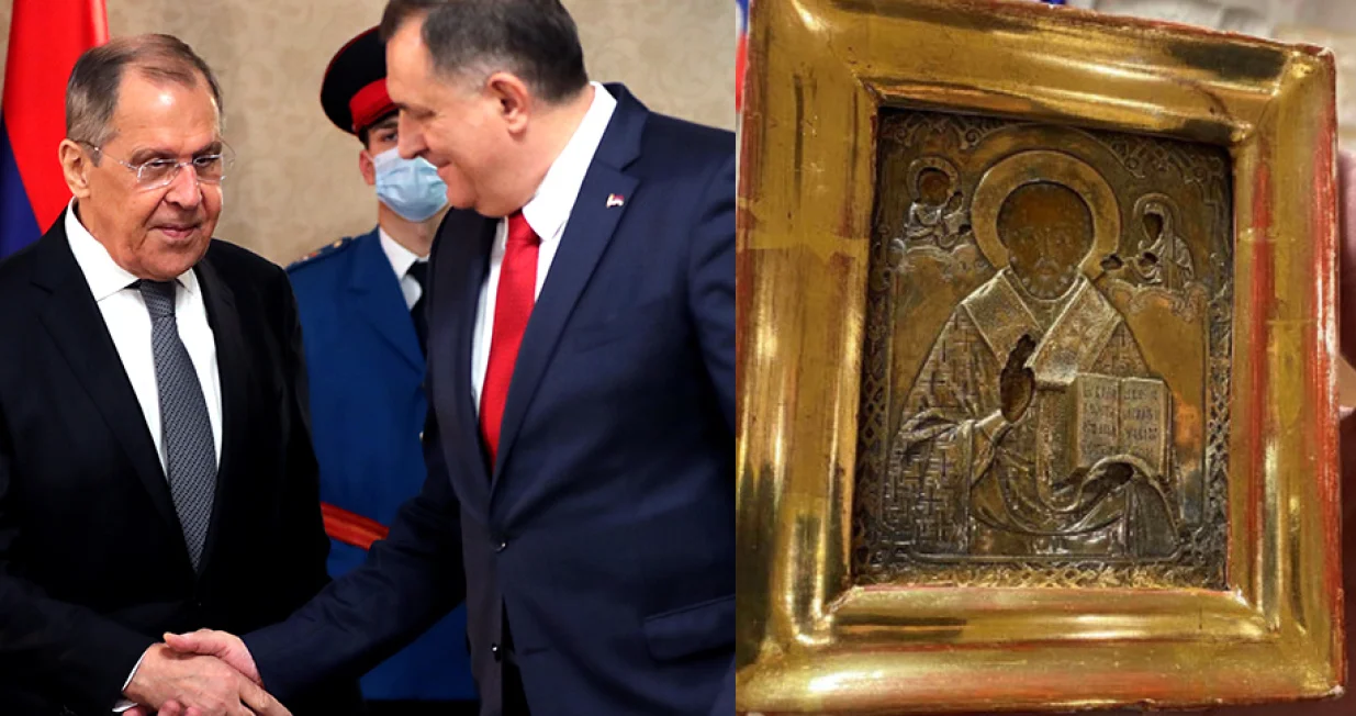 epa08884386 Russian Foreign Minister Sergei Lavrov (L) shake hands with Chairman of Bosnian Presidency Milorad Dodik (R) in East Sarajevo, Bosnia and Herzegovina, 14 December 2020. Lavrov arrived for a two-day working visit to Bosnia and Herzegovina. EPA/FEHIM DEMIR/Fehim Demir