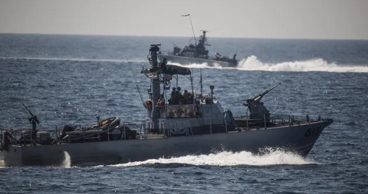 epa09999184 An Israeli navy vessel guards at the Mediterranean sea next to Rosh Hanikra, near Haifa at the Israel-Lebanon border, 06 June 2022. Lebanese President Michel Aoun stressed that 'any Israeli exploration, excavation or extraction activities carried out in the disputed areas constitute an act of aggression' after natural gas storage and production ship Energean entered into the disputed area in the southern maritime borders. Aoun also asked the Lebanese army leadership to provide him with accurate and official data in this regard. EPA/ATEF SAFADI/Atef Safadi