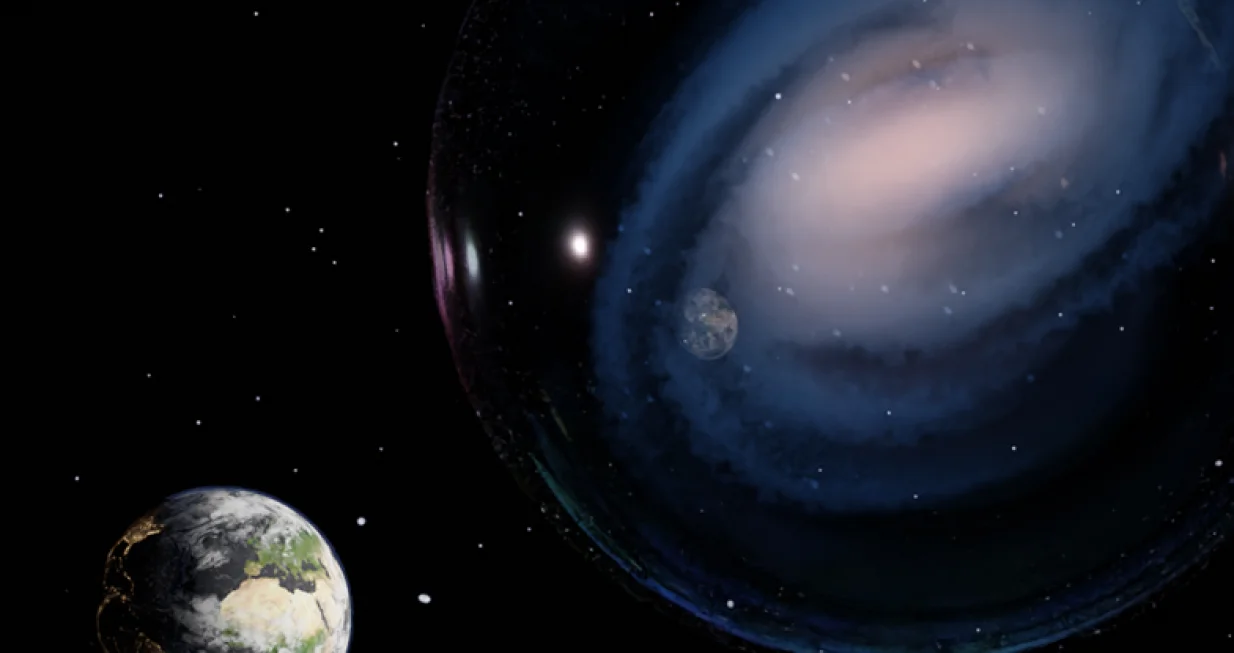 Umjetnički prikaz spiralne galaksije ceers-2112, uočene u ranom svemiru. Zemlja se ogleda u iluzivnom mehuru koji okružuje galaksiju, podsećajući na vezu između Mlečnog puta i ceers-2112. (Luca Costantin/CAB/CSIC-INTA)/