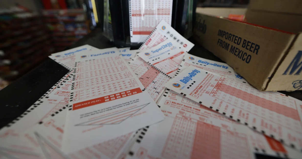 epa10097924 Multiple game personal pick cards for lottery at the Marvel Mart in San Lorenzo, California, USA, 29 July 2022. The Jackpot Mega Millions is now up to $US 1.28 billion, the second-largest jackpot in the game history. Forty-five states, as well as Washington, D.C., and the Virgin Islands, participate in the Mega Millions lottery. EPA/JOHN G. MABANGLO/John G. Mabanglo