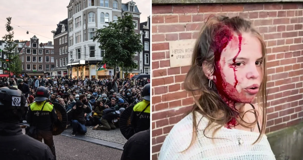Ekipe hitne pomoći i civili ukazuju pomoć povrijeđenoj ženi tokom intervencije policije u Amsterdamu na propalestinskim skupu u znak podrške i solidarnosti s Palestinom/Anadolija