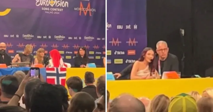 Predstavnik Nizozemske Joots Klein stavio zastavu na glavu kada se obraća predstavnica Izraela Eden Golan/Screenshot