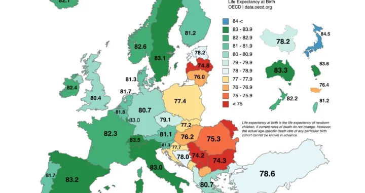 Mapa Evrope prema životnom vijeku/