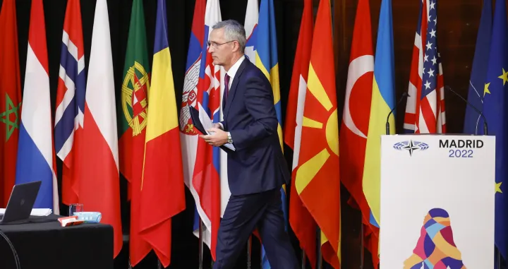 epa10317547 Secretary General Jens Stoltenberg leaves the podium after delivering a speech during the 68th NATO Parliamentary Assembly in Madrid, Spain, 21 November 2022. NATO Parliamentary Assemblys Annual Session runs in Spains capital from 18 to 21 November 2022, with the participation, by telematic means, the President of Ukraine, Volodymyr Zelensky. EPA/CHEMA MOYA/Chema Moya