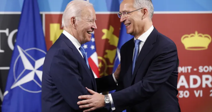 epaselect epa10040349 NATO Secretary-General, Jens Stoltenberg (R), shakes hands with US President, Joe Biden (L), during their bilateral meeting held on the first day of the NATO summit at IFEMA congress centre in Madrid, Spain, 29 June 2022. Heads of State and Government of NATO's member countries and key partners are gathering in Madrid from 29 to 30 June to discuss security concerns like Russia's invasion of Ukraine and other challenges. Spain is hosting 2022 NATO Summit coinciding with the 40th anniversary of its accession to NATO. EPA/LAVANDEIRA JR./Lavandeira Jr.