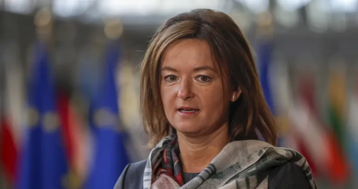 epa10304993 Slovenian Foreign Minister Tanja Fajonat speaks to the press as he arrives for the EU Foreign Affairs Council in Brussels, Belgium, 14 November 2022. The meeting will focus on the war in Ukraine, the Great Lakes region and the Western Balkans. EPA/OLIVIER HOSLET/Olivier Hoslet