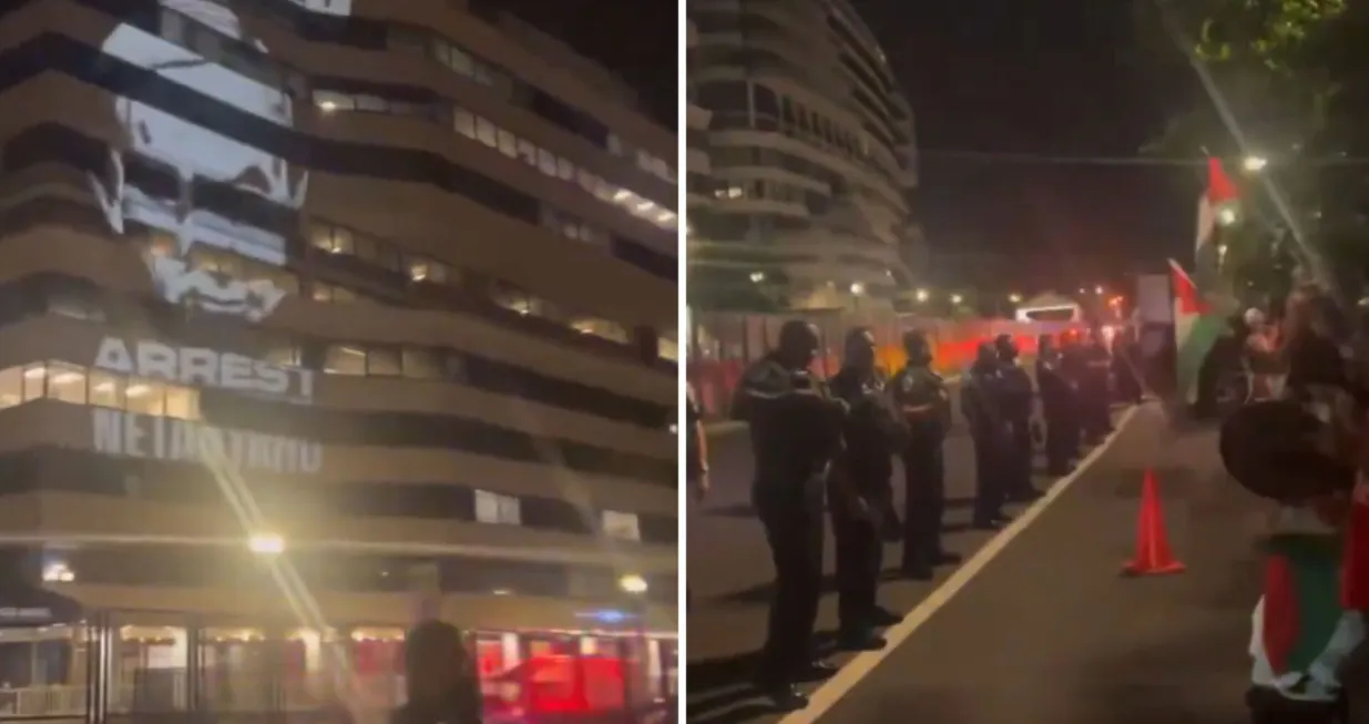 Demonstranti na zidu hotela u Washingtonu, u kojem boravi izraelski premijer Benjamin Netanyahu, ispisali poruku "Traži se. Uhapsite ratnog zločinca Netanyahua"/X