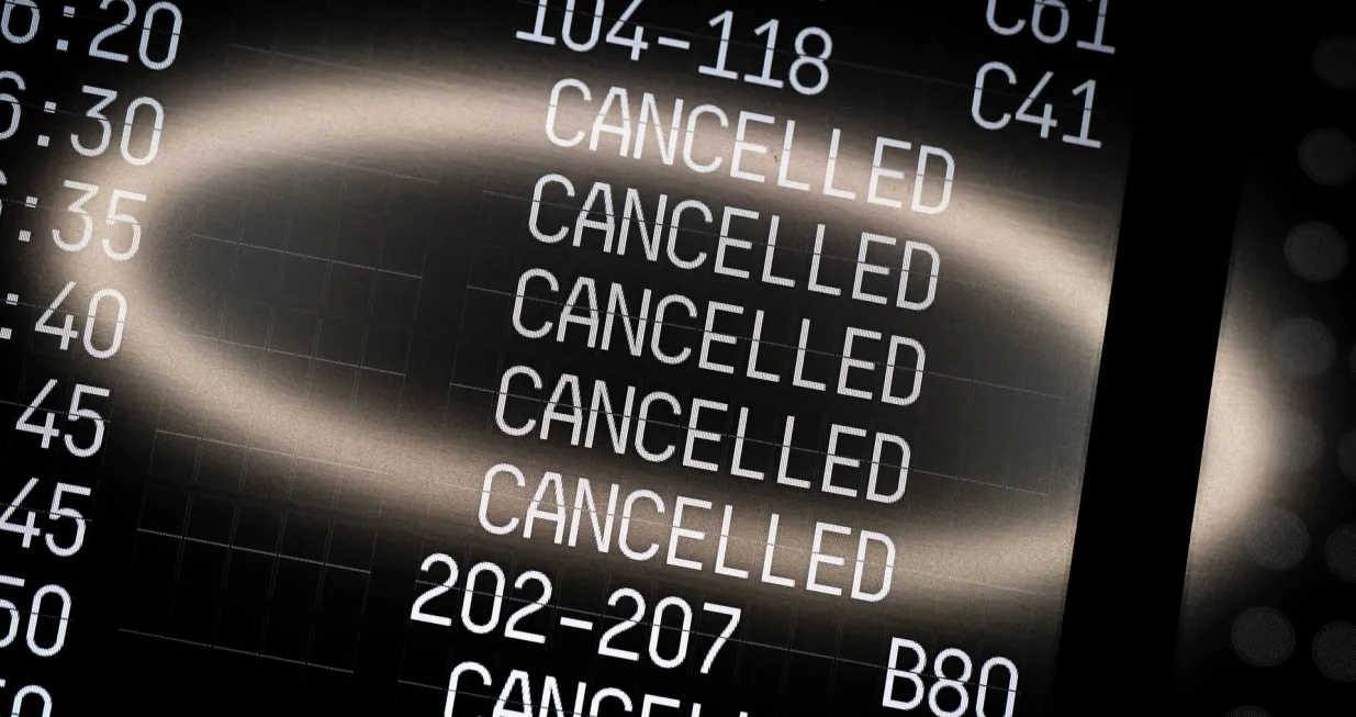 epaselect epa10248234 A reflection on an electronic board showing some cancelled flights at the Cologne Bonn Airport in Cologne, Germany, 17 October 2022. Lufthansa's subsidiary airline Eurowings announced it will run little over half of its scheduled 400 flights between 17 and 19 October 2022, amid a strike over pilot's wages that is likely to affect tens of thousands of passengers. EPA/SASCHA STEINBACH/Sascha Steinbach