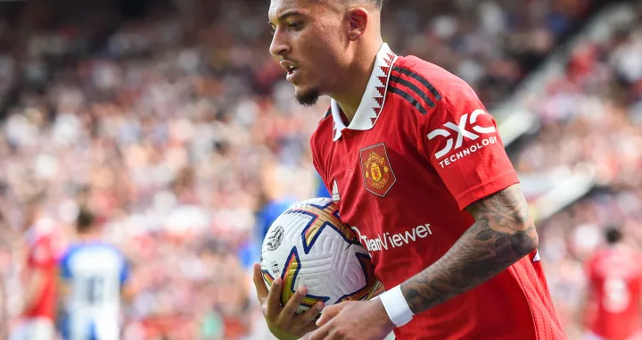 epa10110534 Manchester United's Jadon Sancho in action during the English Premier League soccer match between Manchester United and Brighton Hove Albion in Manchester, Britain, 07 August 2022. EPA/Peter Powell EDITORIAL USE ONLY. No use with unauthorized audio, video, data, fixture lists, club/league logos or 'live' services. Online in-match use limited to 120 images, no video emulation. No use in betting, games or single club/league/player publications