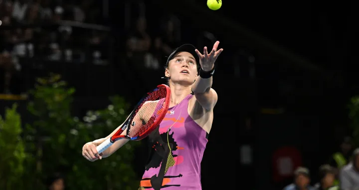 epa10386186 Elena Rybakina of Kazakhstan in action against Danielle Collins of the US during the 2023 Adelaide International Tennis Tournament at the Memorial Drive Tennis Centre in Adelaide, Australia, 02 January 2023. EPA/MICHAEL ERREY AUSTRALIA AND NEW ZEALAND OUT