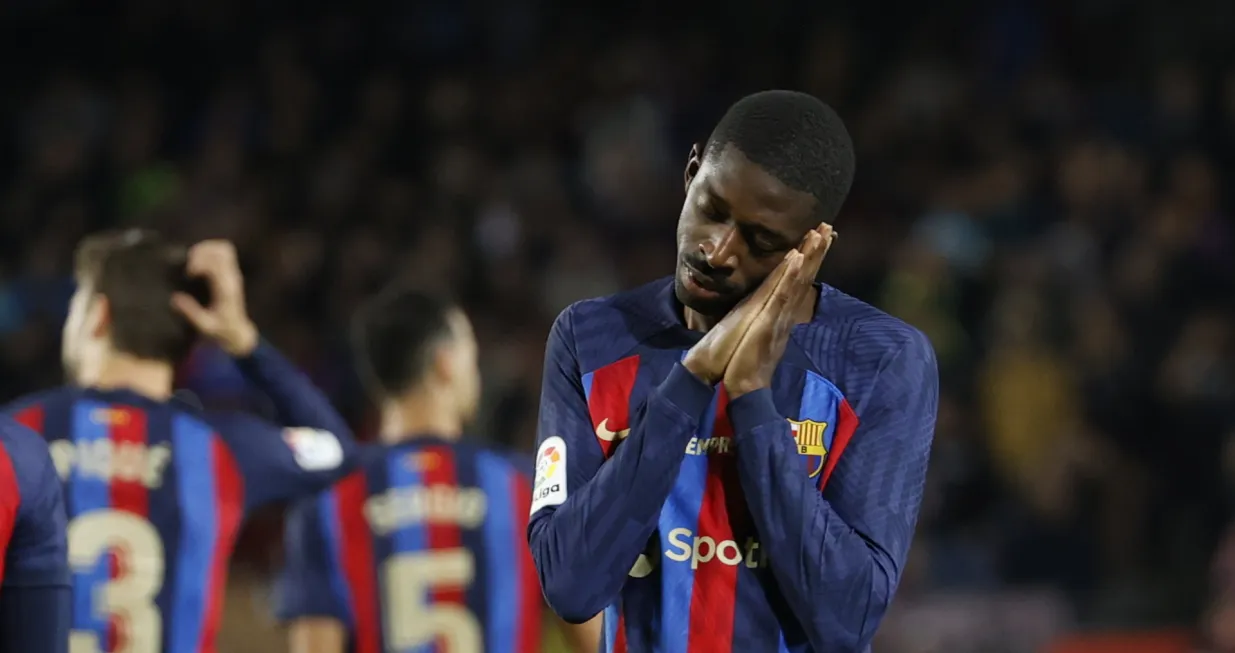epa10288879 FC Barcelona's striker Ousmane Dembele celebrates after scoring the 1-0 during the Spanish LaLiga soccer match between FC Barcelona and UD Almeria held at Spotify Camp Nou Stadium in Barcelona, eastern Spain, 05 November 2022. EPA/TONI ALBIR