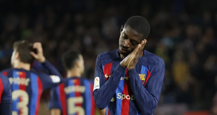 epa10288879 FC Barcelona's striker Ousmane Dembele celebrates after scoring the 1-0 during the Spanish LaLiga soccer match between FC Barcelona and UD Almeria held at Spotify Camp Nou Stadium in Barcelona, eastern Spain, 05 November 2022. EPA/TONI ALBIR