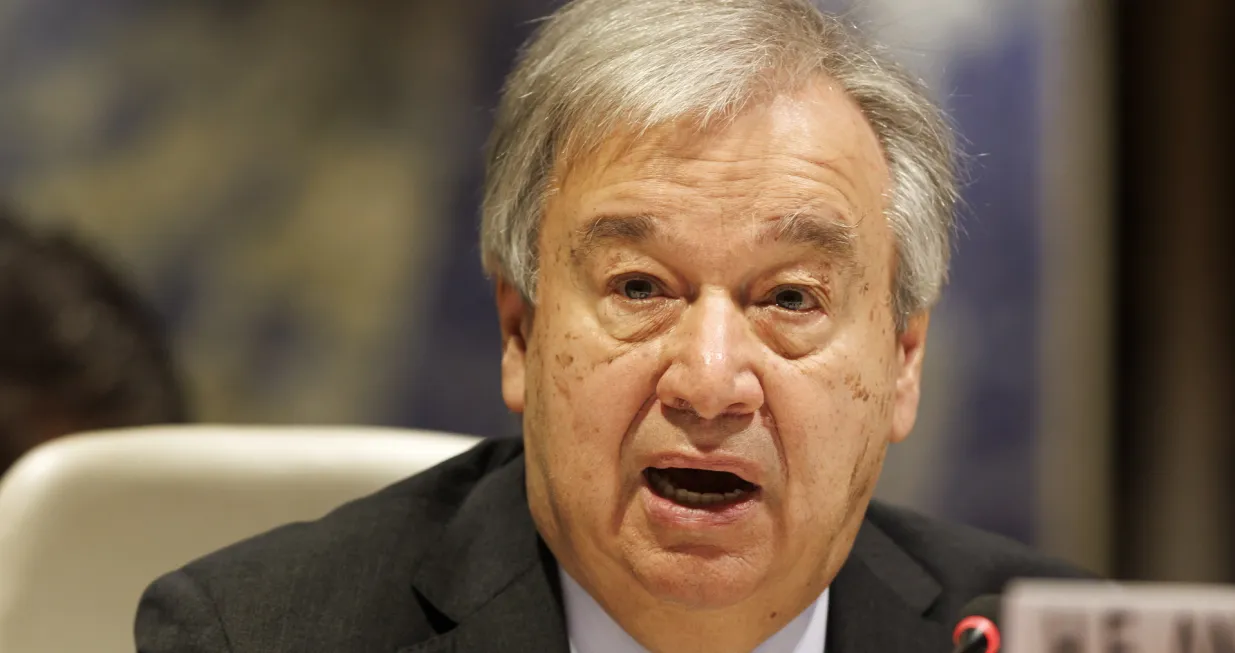 epa10396624 U.N. Secretary-General Antonio Guterres delivers his remarks during the International Conference on Climate-Resilient Pakistan, at the European headquarters of the United Nation, in Geneva, Switzerland, 09 January 2023. EPA/SALVATORE DI NOLFI/Salvatore Di Nolfi