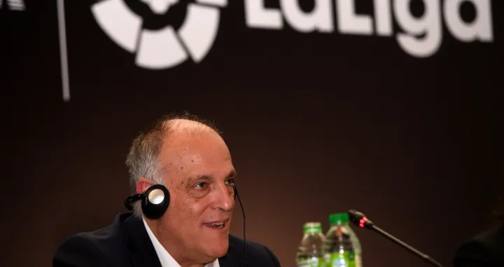 epa10354621 Spanish LaLiga president Javier Tebas speaks during the signing of an agreement between Spanish soccer league LaLiga and the Dubai-based esports, gaming and lifestyle organisation Galaxy Racer in Dubai, United Arab Emirates, 08 December 2022. EPA/MARTIN DOKOUPIL