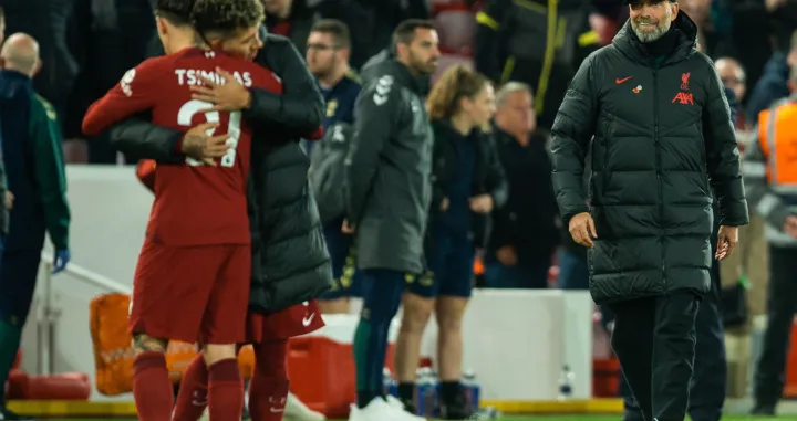 epa10302155 Liverpool's manager Juergen Klopp reacts after the English Premier League soccer match between Liverpool and Southampton at Anfield in Liverpool, Britain, 12 November 2022. EPA/PETER POWELL EDITORIAL USE ONLY. No use with unauthorized audio, video, data, fixture lists, club/league logos or 'live' services. Online in-match use limited to 120 images, no video emulation. No use in betting, games or single club/league/player publications