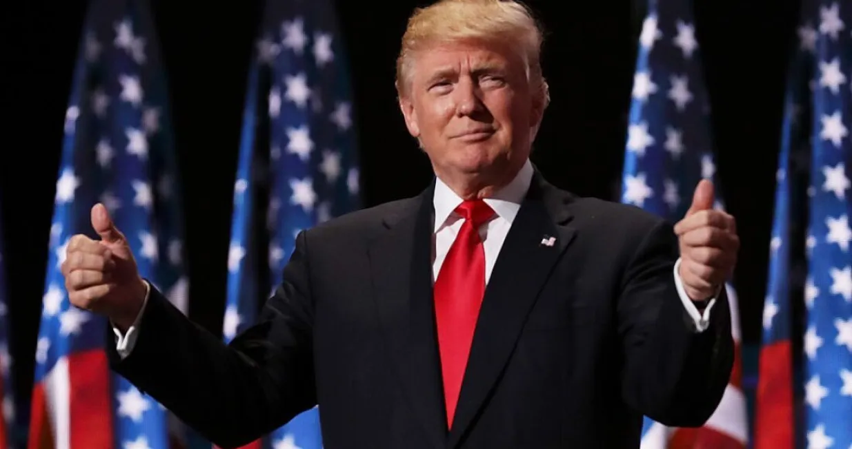 CLEVELAND, OH - JULY 21: Republican presidential candidate Donald Trump gives two thumbs up to the crowd during the evening session on the fourth day of the Republican National Convention on July 21, 2016 at the Quicken Loans Arena in Cleveland, Ohio. Republican presidential candidate Donald Trump received the number of votes needed to secure the party's nomination. An estimated 50,000 people are expected in Cleveland, including hundreds of protesters and members of the media. The four-day Republican National Convention kicked off on July 18. (Photo by Chip Somodevilla/Getty Images)/Chip Somodevilla