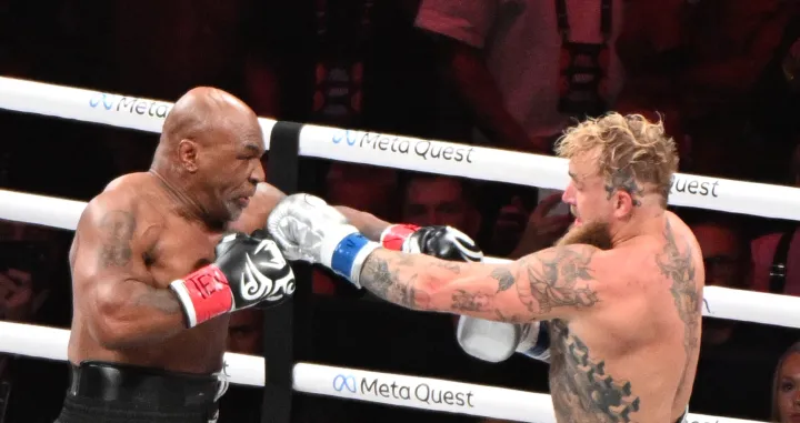 Former heavy weight champion Mike Tyson and social media star turned boxer Jake Paul fight on Friday, November 15, 2024 at AT&T Stadium in Arlington, Texas. Paul was declared the winner any unanimous decision. Photo by Ian Halperin/UPI Photo via Newscom Photo: IAN HALPERIN/NEWSCOM