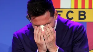 epa09620915 Argentine forward Lionel Messi gets emotional during a press conference to explain his version of the reasons for his departure from Barcelona FC in Barcelona, Spain, 08 August 2021. FC Barcelona issued a statement on 05 August announcing Argentinian striker Lionel Messi will not extend his contract with the team due to 'economic and structural obstacles'. EPA/ANDREU DALMAU *** Local Caption *** 57108112