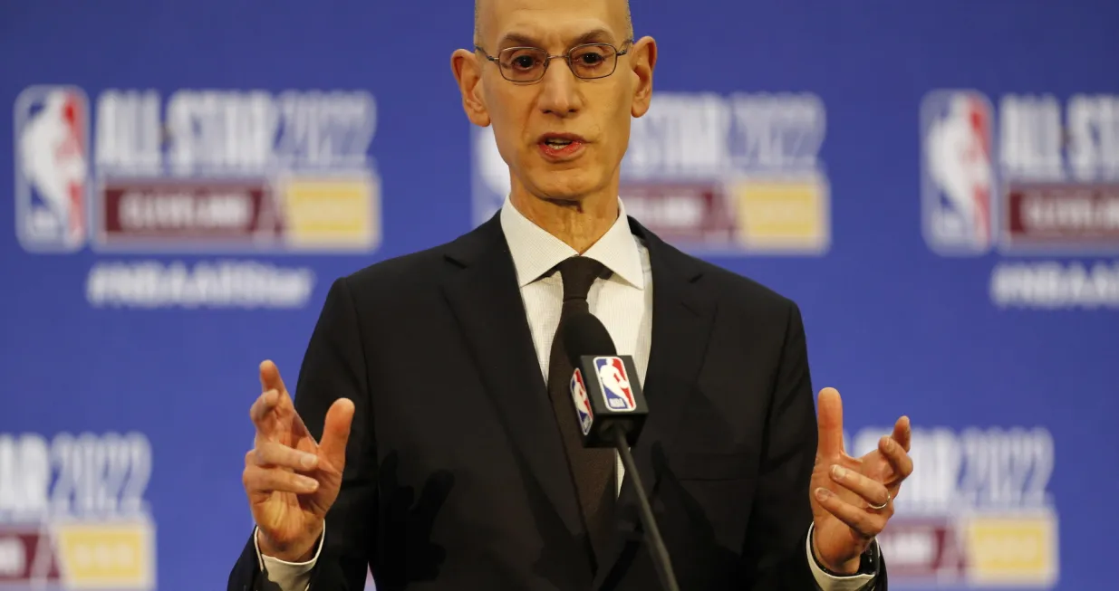 epa09773214 NBA Commissioner Adam Silver speaks to the media before the All-Star Saturday Night during All Star Weekend at at Rocket Mortgage Fieldhouse in Cleveland, Ohio, USA, 19 February 2022. EPA/DAVID MAXWELL SHUTTERSTOCK OUT