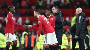 epa10387871 Aaron Wan-Bissaka of Manchester United is substituted for Diogo Dalot of Manchester United during the English Premier League soccer match between Manchester United and AFC Bournemouth, in Manchester, Britain, 03 January 2023. EPA/ADAM VAUGHAN EDITORIAL USE ONLY. No use with unauthorized audio, video, data, fixture lists, club/league logos or 'live' services. Online in-match use limited to 120 images, no video emulation. No use in betting, games or single club/league/player publications.