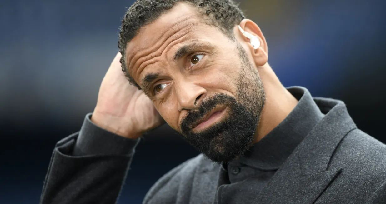 epa09487031 Former Manchester United player Rio Ferdinand and TV pundit reacts prior to the English Premier League soccer match between Chelsea FC and Manchester City in London, Britain, 25 September 2021. EPA/Facundo Arrizabalaga EDITORIAL USE ONLY. No use with unauthorized audio, video, data, fixture lists, club/league logos or 'live' services. Online in-match use limited to 120 images, no video emulation. No use in betting, games or single club/league/player publications