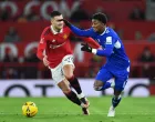 epa10393113 Manchester United's Diogo Dalot (L) in action against Everton's Demarai Gray (R) during the FA Cup third round match between Manchester United and Everton in Manchester, Britain, 06 January 2023. EPA/Peter Powell EDITORIAL USE ONLY. No use with unauthorized audio, video, data, fixture lists, club/league logos or 'live' services. Online in-match use limited to 120 images, no video emulation. No use in betting, games or single club/league/player publications