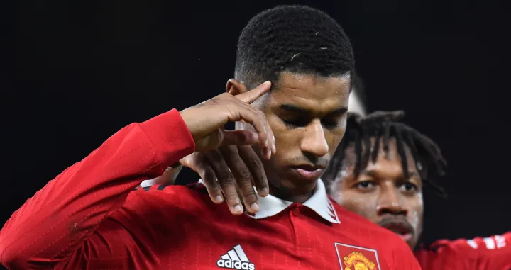 epa10393228 Manchester United's Marcus Rashford (L) reacts after scoring for 3-1 against Everton during the FA Cup third round match between Manchester United and Everton in Manchester, Britain, 06 January 2023. EPA/Peter Powell EDITORIAL USE ONLY. No use with unauthorized audio, video, data, fixture lists, club/league logos or 'live' services. Online in-match use limited to 120 images, no video emulation. No use in betting, games or single club/league/player publications