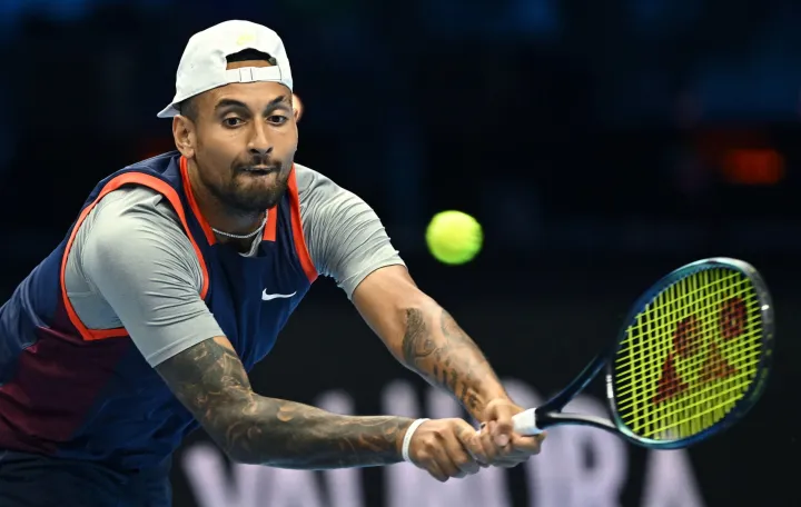 epa10305314 Nick Kyrgios of Greece in action during the Doubles Green Group round robin of the ATP Finals 2022 at the Pala Alpitour, in Turin, Italy, 14 November 2022. EPA/Alessandro Di Marco