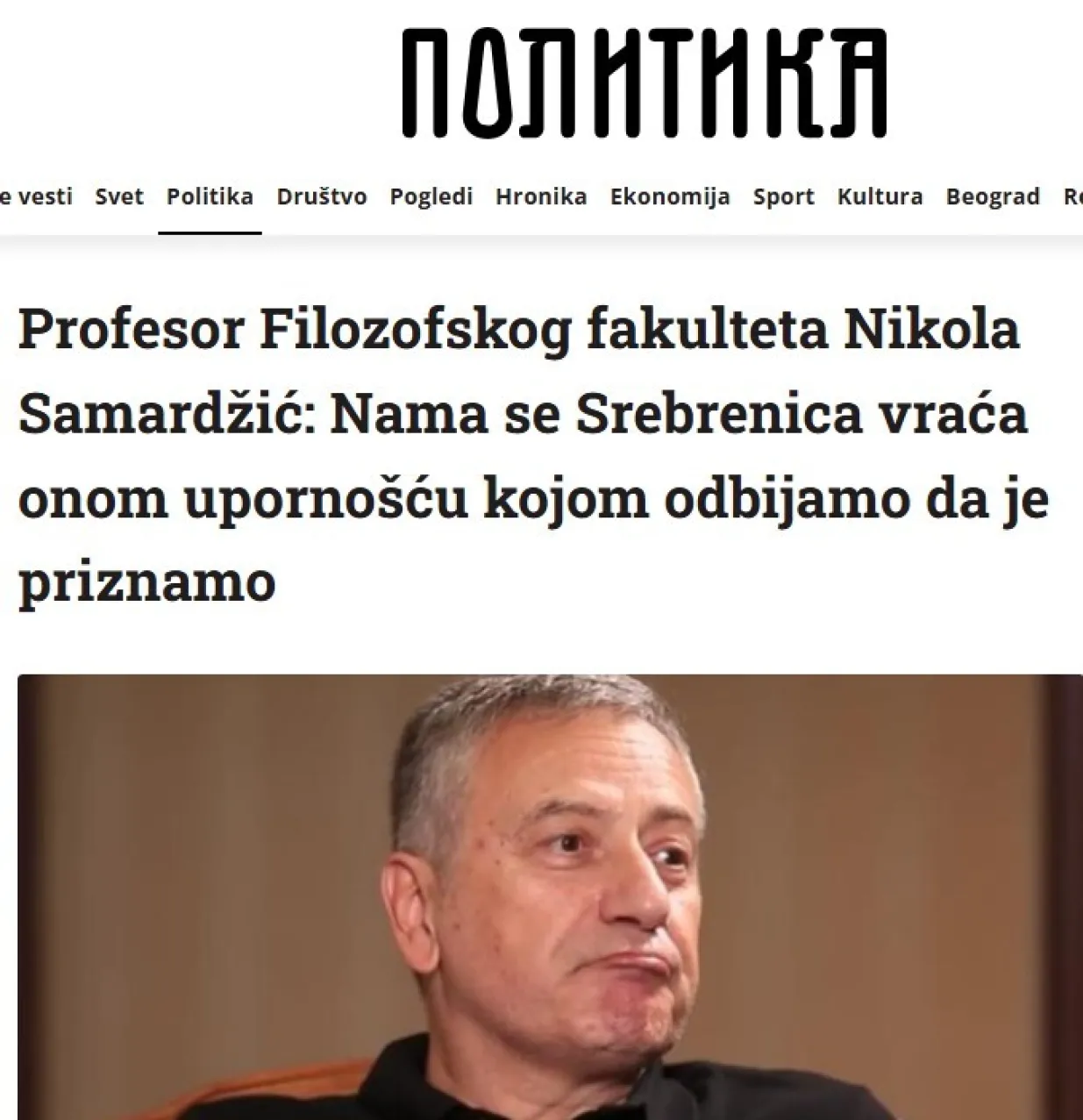 Politika o intervjuu Nikole Samardžića za Oslobođenje/Prtsc