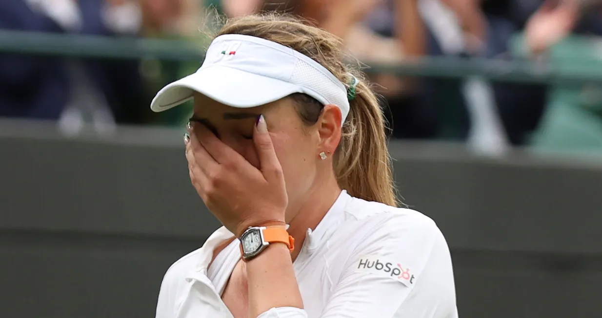 Croatia's Donna Vekic cries after her victory in her Women's Quarter-Final match against New Zealand's Lulu Sun at the 2024 Wimbledon Championships in London on Tuesday, July 09, 2024. Photo by Hugo Philpott/UPI Photo via Newscom Photo: Hugo Philpott/NEWSCOM