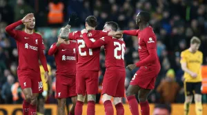 epa10394725 Darwin Nunez of Liverpool celebrates scoring the 1-1 goal during the 3rd round FA Cup soccer match between Liverpool and Wolverhampton Wanderers at Anfield in Liverpool, Britain, 07 January 2023. EPA/ADAM VAUGHAN