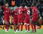 epa10394725 Darwin Nunez of Liverpool celebrates scoring the 1-1 goal during the 3rd round FA Cup soccer match between Liverpool and Wolverhampton Wanderers at Anfield in Liverpool, Britain, 07 January 2023. EPA/ADAM VAUGHAN