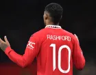 epa10393016 Manchester United's Marcus Rashford reacts before the start of the FA Cup third round match between Manchester United and Everton in Manchester, Britain, 06 January 2023. EPA/Peter Powell EDITORIAL USE ONLY. No use with unauthorized audio, video, data, fixture lists, club/league logos or 'live' services. Online in-match use limited to 120 images, no video emulation. No use in betting, games or single club/league/player publications