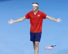 epa10395153 Taylor Fritz of the USA celebrates his win against Matteo Berrettini of Italy during the 2023 United Cup Final tennis match between Italy and the USA at Ken Rosewall Arena in Sydney, Australia, 08 January 2023. EPA/MARK EVANS NO ARCHIVING, EDITORIAL USE ONLY AUSTRALIA AND NEW ZEALAND OUT