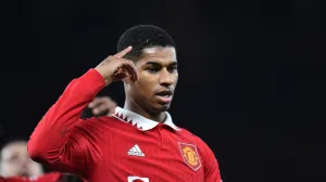 epa10393227 Manchester United's Marcus Rashford reacts after scoring for 3-1 against Everton during the FA Cup third round match between Manchester United and Everton in Manchester, Britain, 06 January 2023. EPA/Peter Powell EDITORIAL USE ONLY. No use with unauthorized audio, video, data, fixture lists, club/league logos or 'live' services. Online in-match use limited to 120 images, no video emulation. No use in betting, games or single club/league/player publications