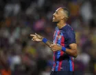 epa10110576 FC Barcelona's striker Pierre Emerick Aubameyang celebrates after scoring the 5-0 during the Joan Gamper trophy soccer match between FC Barcelona and Pumas UNAM at Camp Nou stadium in Barcelona, Catalonia, Spain, 07 August 2022. EPA/Alejandro Garcia