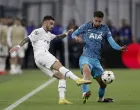 epa10280187 Tottenham's Rodrigo Bentancur (R) and Marseille's Jonathan Clauss (L) in action during the UEFA Champions League group D soccer match between Olympique Marseille and Tottenham Hotspur, in Marseille, France, 01 November 2022. EPA/GUILLAUME HORCAJUELO