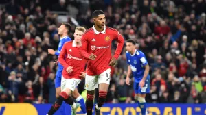 epa10393231 Manchester United's Marcus Rashford reacts after scoring for 3-1 against Everton during the FA Cup third round match between Manchester United and Everton in Manchester, Britain, 06 January 2023. EPA/Peter Powell EDITORIAL USE ONLY. No use with unauthorized audio, video, data, fixture lists, club/league logos or 'live' services. Online in-match use limited to 120 images, no video emulation. No use in betting, games or single club/league/player publications