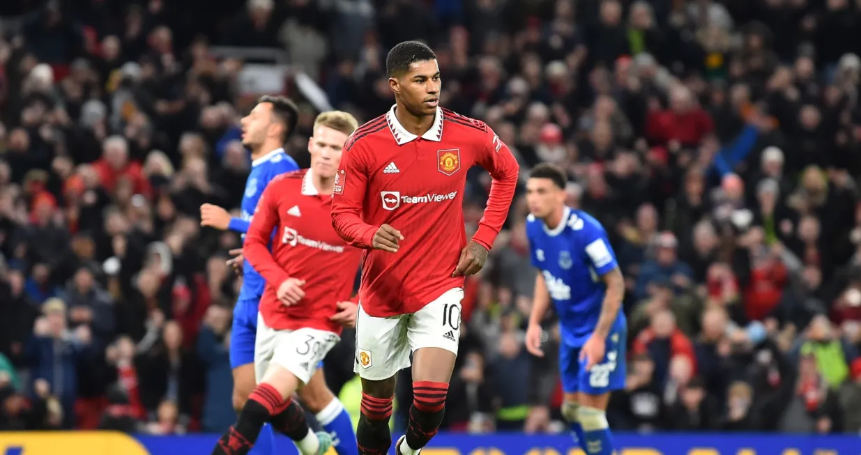 epa10393231 Manchester United's Marcus Rashford reacts after scoring for 3-1 against Everton during the FA Cup third round match between Manchester United and Everton in Manchester, Britain, 06 January 2023. EPA/Peter Powell EDITORIAL USE ONLY. No use with unauthorized audio, video, data, fixture lists, club/league logos or 'live' services. Online in-match use limited to 120 images, no video emulation. No use in betting, games or single club/league/player publications