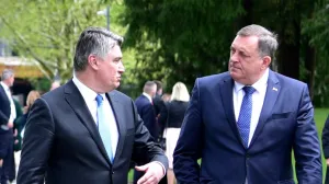 Zoran Milanović and Milorad Dodik walk after the Brdo-Brijuni Process summit in Brdo pri Kranju, Slovenia, 17 May 2021. The Brdo-Brijuni Process was initiated at the presidential level in 2013 while prime-ministerial meetings began in 2011 to focus on the enlargement of the European Union with countries of the Western Balkans. The summit groups leaders from Croatia, Albania, Montenegro, Kosovo, North Macedonia, Serbia and the Bosnia-Herzegovina. EPA/IGOR KUPLJENIK/Igor Kupljenik