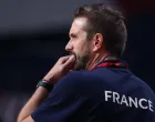 epa09403808 France head-coach Guillaume Gille reacts during the Men's Gold medal match between France and Denmark at the Handball events of the Tokyo 2020 Olympic Games at the Yoyogi National Gymnasium arena in Tokyo, Japan, 07 August 2021. EPA/TATYANA ZENKOVICH