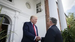 epa10103158 A handout photo made available by the Hungarian PM's Press Office shows Former US President Donald J. Trump (L) welcoming Hungarian Prime Minister Viktor Orban at Trump's estate in Bedminster, New Jersey, USA, 02 August 2022. EPA/Vivien Cher Benko/Hungarian PM's Press Office HANDOUT HUNGARY OUT HANDOUT EDITORIAL USE ONLY/NO SALES/Vivien Cher Benko/Hungarian Pm's Press Office Handout