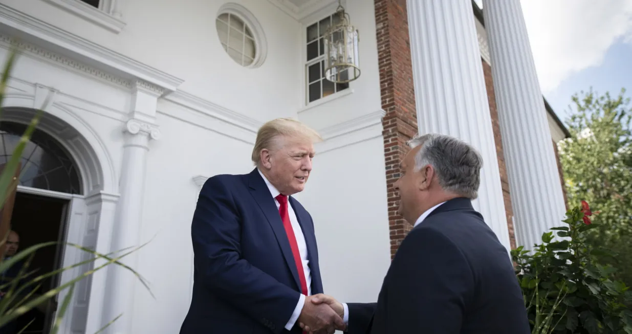 epa10103158 A handout photo made available by the Hungarian PM's Press Office shows Former US President Donald J. Trump (L) welcoming Hungarian Prime Minister Viktor Orban at Trump's estate in Bedminster, New Jersey, USA, 02 August 2022. EPA/Vivien Cher Benko/Hungarian PM's Press Office HANDOUT HUNGARY OUT HANDOUT EDITORIAL USE ONLY/NO SALES/Vivien Cher Benko/Hungarian Pm's Press Office Handout