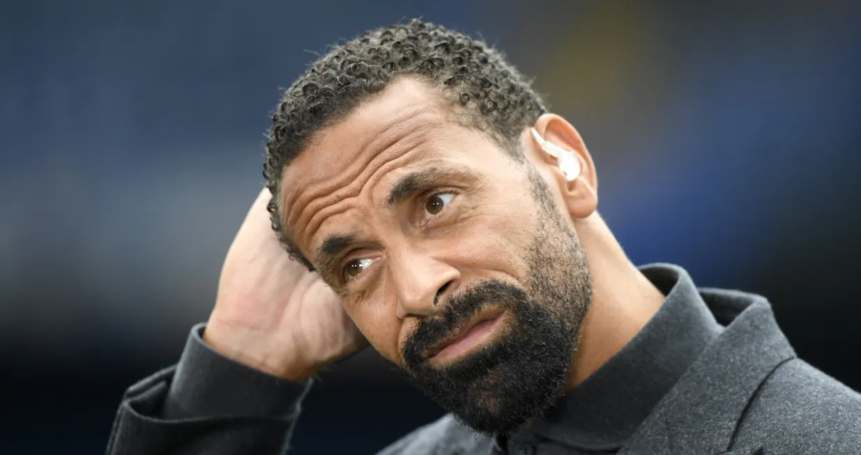 epa09487031 Former Manchester United player Rio Ferdinand and TV pundit reacts prior to the English Premier League soccer match between Chelsea FC and Manchester City in London, Britain, 25 September 2021. EPA/Facundo Arrizabalaga EDITORIAL USE ONLY. No use with unauthorized audio, video, data, fixture lists, club/league logos or 'live' services. Online in-match use limited to 120 images, no video emulation. No use in betting, games or single club/league/player publications