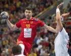 epa09894982 Filip Kuzmanovski (L) of North Macedonia in action during the 2023 IHF World Men's Handball Championship Qualification Europe zone play off match, second leg between North Macedonia and Czech Republic in Skopje, Republic of North Macedonia, 17 April 2022. EPA/GEORGI LICOVSKI