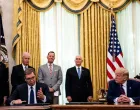 epa08646876 US President Donald J. Trump (R) participates in a signing ceremony and trilateral meeting with the President of the Republic of Serbia, Aleksandar Vucic (L), and the Prime Minister of the Republic of Kosovo, Avdullah Hoti (not pictured), at the White House, in Washington, DC, USA, on 04 September 2020. EPA/ANNA MONEYMAKER/POOL/Anna Moneymaker/Pool